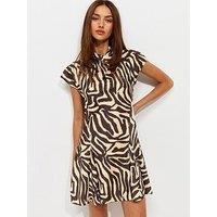 New Look Satin Zebra Print High Neck Godet Skirt Mini Dress - Brown