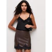 New Look Womens Faux Leather Lace Hem Mini Skirt - Brown