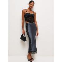 New Look Womens Satin Lace Trim Midi Skirt - Grey