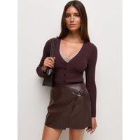 New Look Dark Brown Faux Leather Hardware Detail Wrap Skirt