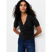 New Look Wrap Front Puff Sleeve Knitted Top - Black