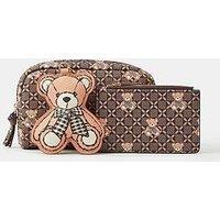 Accessorize Teddy Print Cosmetic Bag And Purse Gift Set - Brown