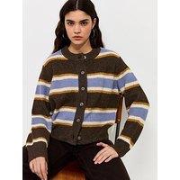 New Look Knitted Contrast Stripe Button Front Cardigan - Brown
