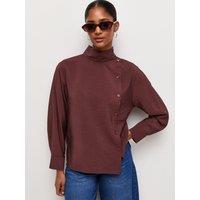 New Look Womens Funnel Neck Button Long Sleeve Shirt - Dark Red