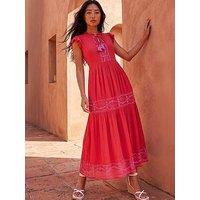 Roman Petite Embroidered Tiered Midi Dress - Red