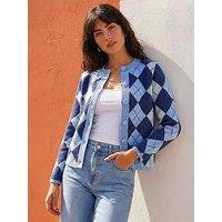 Roman Argyle Buttoned Knit Cardigan - Blue