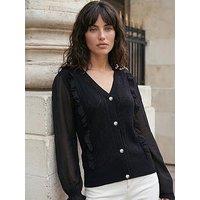 Roman Woven Sleeve Buttoned Knit Jumper - Black