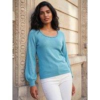 Roman Square Neck Pearl Trim Knit Jumper - Light Blue