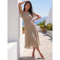 Roman Petite Polka Dot Godet Hem Midi Dress - Grey