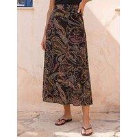 Roman Modern Paisley Print Midi Stretch Skirt - Black