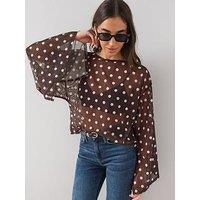 The Very Collection Polka Dot Batwing Sleeve Cape Top - Brown Spot