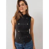 The Very Collection Military Button Trim Zip Front Top - Black