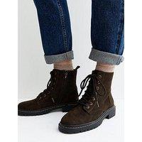 New Look Faux Suede Stitch Trim Faux Lace Up Ankle Boots - Dark Brown