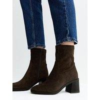 New Look Wide Fit Dark Brown Faux Suede Stacked Heel Sock Ankle Boots