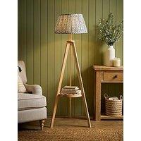 Valuelights Morrigan Wood Scallop Shelf Tripod Floor Lamp With Navy Ditsy Pleated Shade And Warm White Bulb