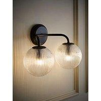 Valuelights Kempton Matte Black Ribbed Glass 2 Arm Wall Light And Warm White Bulb