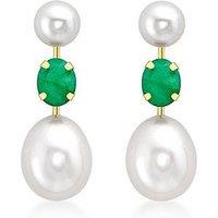 The Love Collection 9Ct Yellow Gold Emerald And 2 Freshwater Pearls 7.5Mm X 21Mm Stem Drop Earrings