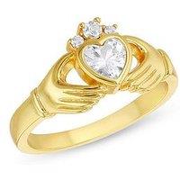 The Love Collection Sterling Silver Gold Plated 5Mm X 5Mm Heart Cz Claddagh Ring