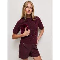 New Look Womens Diamante Studded Knitted T-Shirt - Dark Red