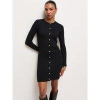 New Look Womens Button-Front Ribbed Lightweight Knit Mini Dress - Black