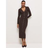 New Look Womens Ribbed Collared Button-Through Midi Dress - Brown