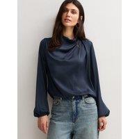 New Look Womens Satin Cowl Neck Long Sleeve Blouse - Blue