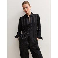 New Look Womens Satin-Look Tonal Stripe Button-Through Shirt - Black