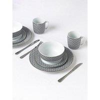 Waterside 16Pc Black Geo With Silver Rim Dinner Set