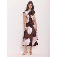 Mint Velvet Satin Abstract Print Midi Dress - Brown