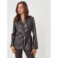 Threadbare Womens Belted Faux Leather Blazer - Chocolate Brown