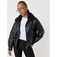 Threadbare Womens Faux Leather Borg Collar Zip Jacket - Black
