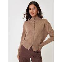 Threadbare Compact Knit Funnel Neck Cardigan In Beige