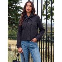 Threadbare Womens Scarf Detail Cropped Button-Through Trench Coat - Black