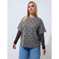 Yours Curve Lace Sleeve Polka Dot T-Shirt - Grey