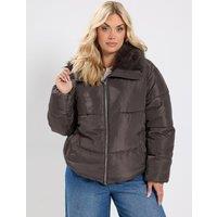 Yours Curve Funnel Neck Padded Coat - Brown