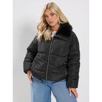 Yours Curve Funnel Neck Padded Coat - Black