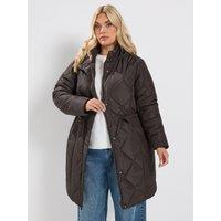 Yours Curve Padded Midi Coat - Brown