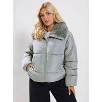 Yours Curve Funnel Neck Padded Coat - Grey