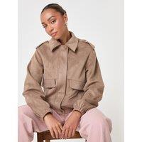 Threadbare Womens Collared Faux Suede Popper Bomber Jacket - Brown