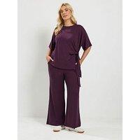 Yours Curve Tie Waist Top And Trouser Set - Purple