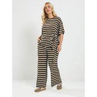 Yours Curve Stripe Tie Waist Top And Trouser Set - Brown