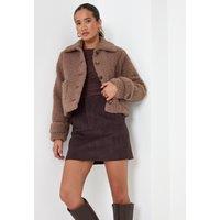 Threadbare Womens Borg Cropped Button Front Jacket - Mink Brown