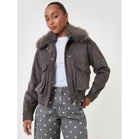 Threadbare Womens Faux Suede Faux Fur Collar Zip Through Jacket - Charcoal