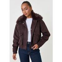 Threadbare Womens Faux Suede Fur Collar Jacket - Brown