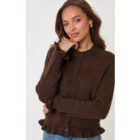 Threadbare Crew Neck Ruffle Cardigan In Chocolate Brown