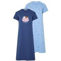 Yours Women'S Curve 2 Pack Cat Print Midaxi Nightdresses - Blue / Multi