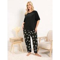 Yours Curve Short Sleeve Wide Leg Pj Set - Black