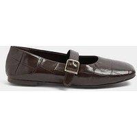 Yours Curve Extra Wide Fit Croc Buckle Detail Mary Jane Flats - Brown
