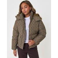 Threadbare Womens Printed Padded Hooded Puffer Coat - Brown