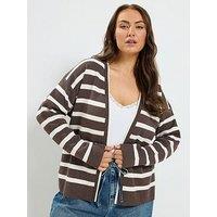 Yours Curve Stripe Cardigan - Chocolate Brown/Cream